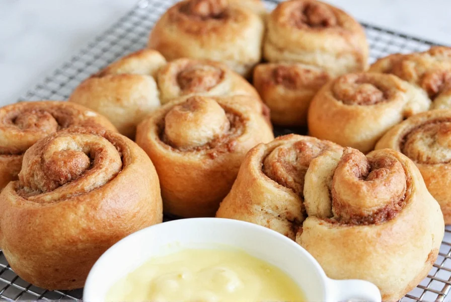 Freshly baked easy cinnamon buns with cream cheese frosting on wooden board