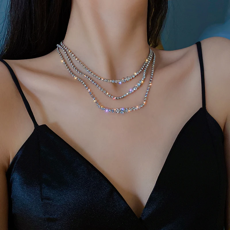 

fashion trendy crystal three layered necklace women