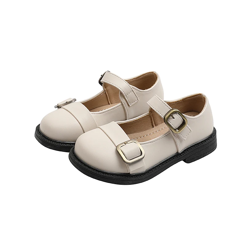 

New School Children Baby Girl Shiny Casual Low-Heel flat Leather Shoes, Beige/black