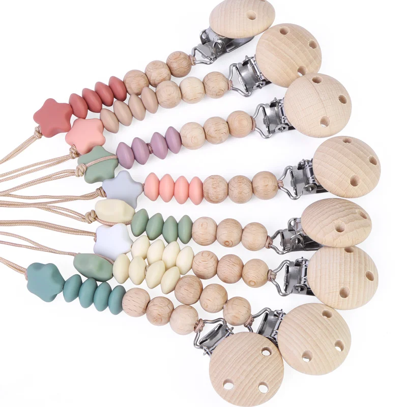 

Wholesale Infant Pacifier Hold Wood Silicone Baby Dummy Pacifiers Clip