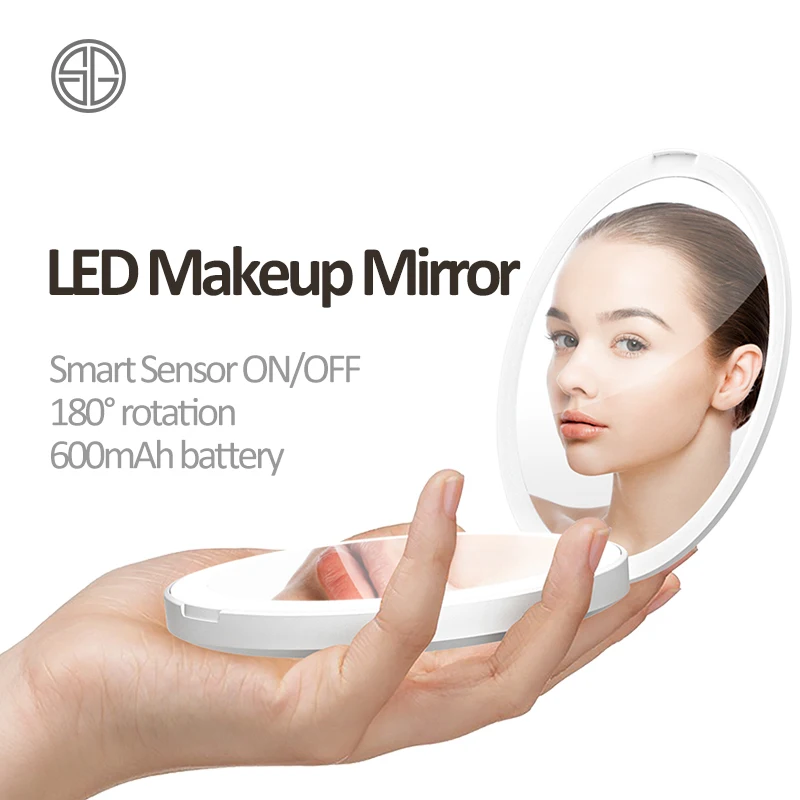 

Smart Sensor 600Mah Rechargeable Hd 5X Maghifier espejos para maquillaje de bolsillo mano con luz Led Makeup Mirror With Light