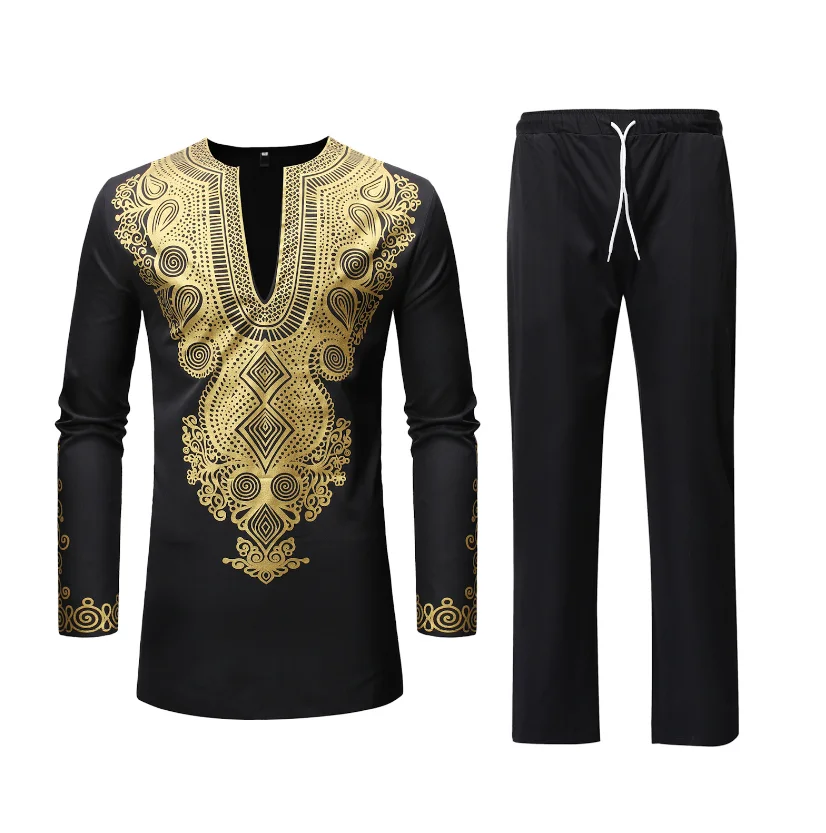 

H & D Men African 2 Piece Set Long Sleeve Gold Print Dashiki and Pants Outfit Traditional Suit