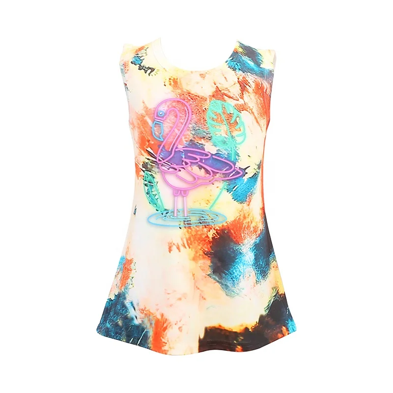 

Wholesale Summer Cute Sleeveless flamingo Cartoon Prints For Children Girl Dresses, Customized color