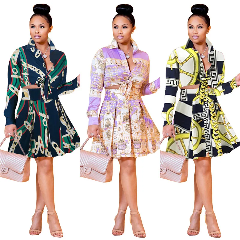 

Lskj065 New Arrival Fashion Casual Printing Long-sleeved Pleated Skirt Two-piece Plus Size Two-piece