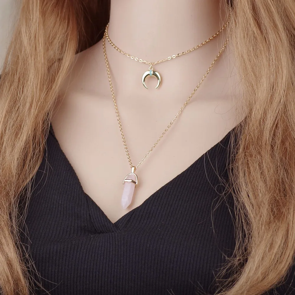 

New Turquoise Double Gold Chain 6 Colors Stone Pendant Moon Charm For Young Man Popular Necklace for Women
