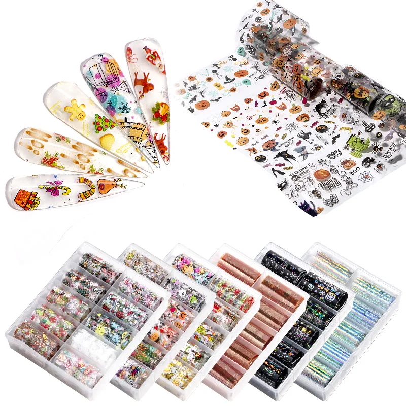 

6 Designs Christmas Halloween Constellation Nail Transfer Foil Sticker, 60 colors