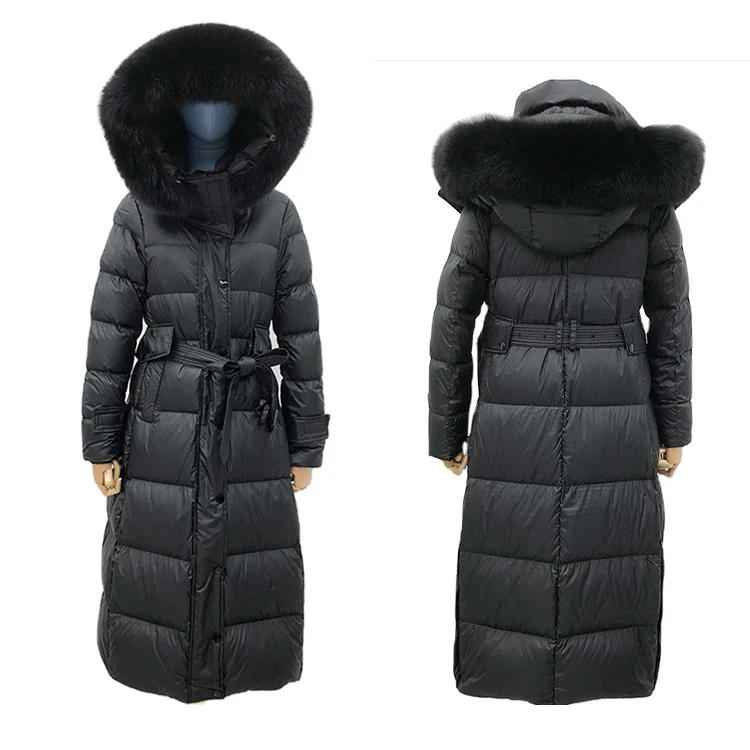 

90% Down filling women ladies black slim long winter light down jacket with detachable hat and fur collar, Customized color