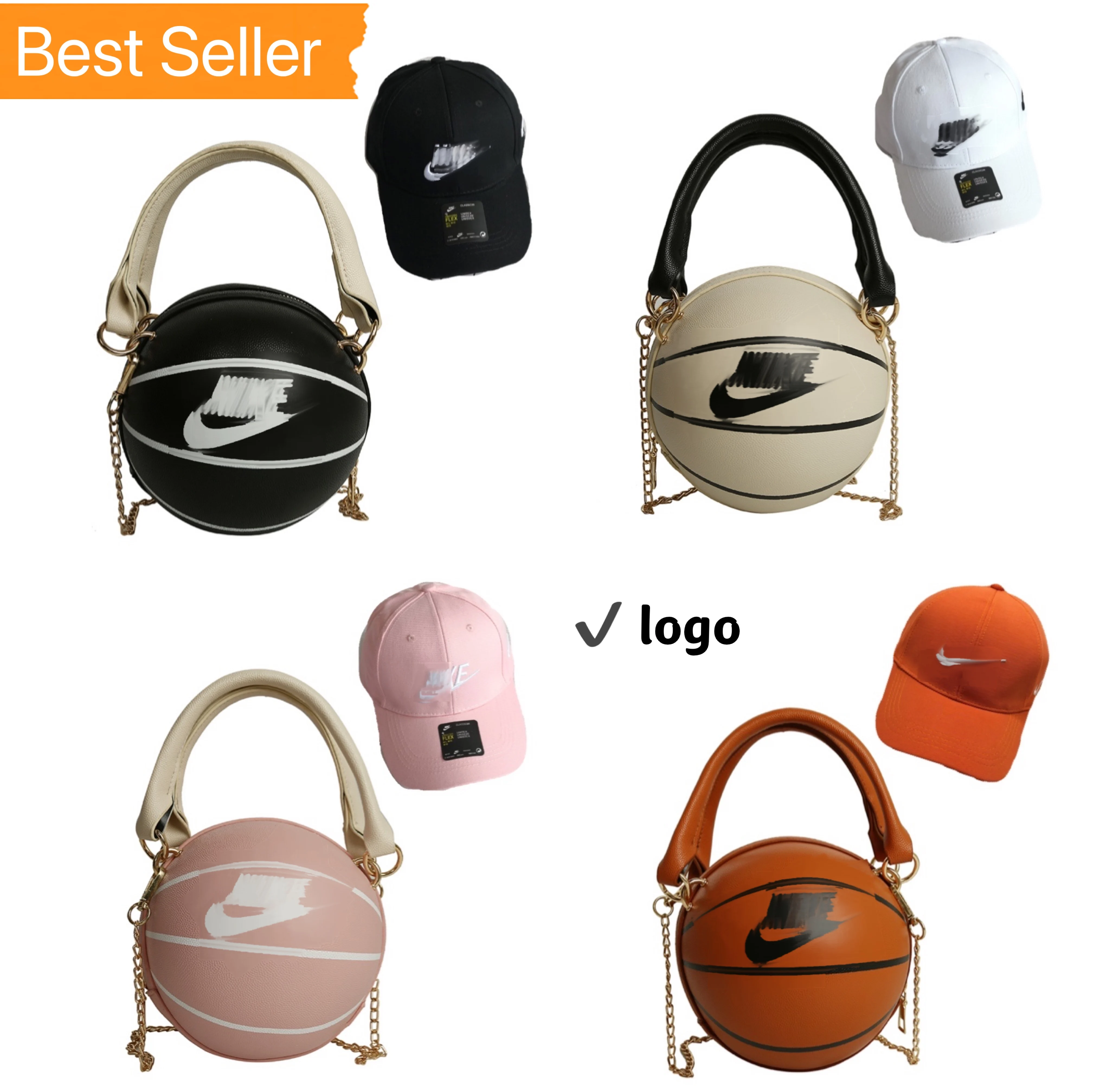 

2021 wholesale famous brand designer sports nik'e AD basketball shaped purse handbags and baseball hat caps set for women girls, 8 color