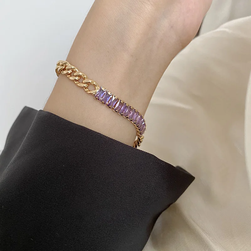 

Rectangle Purple Cubic Zircon Cuban Link Chain Bracelet Curb Brass 18K Gold Plated Bracelets for Women French Vintage Jewelry