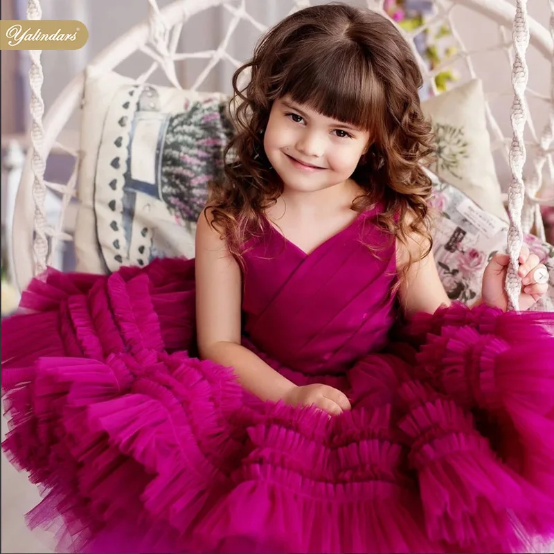 

2022 high quality wholesale clothing sleeve fluffy flower girl wedding gown elegant party girls puffy dresses for kids, Pink, fuchsia