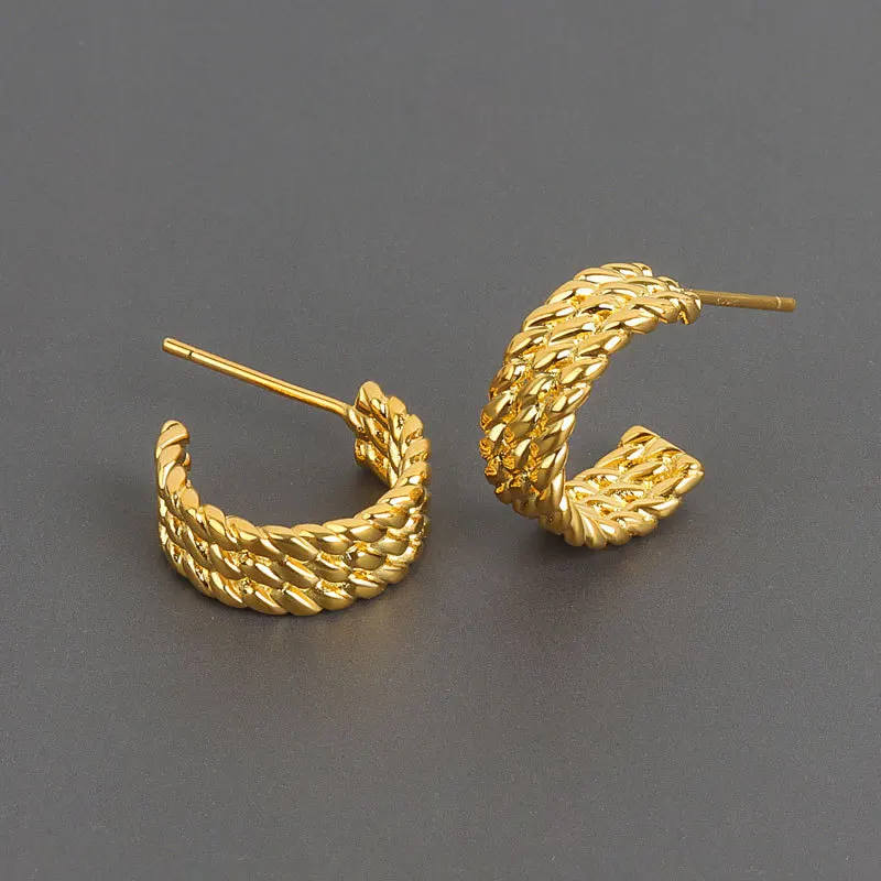 

European Vintage Style S925 Stamp Textured Stud Earrings Geometric C Shaped Hoop Earrings For Women