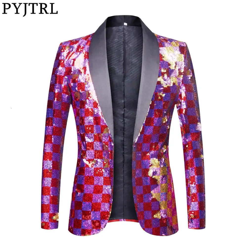 

PYJTRL New Men Double-sided Colorful Plaid Purple Red Gold Pink Sequins Blazer Design DJ Singer Suit Jacket Fashion Outfit