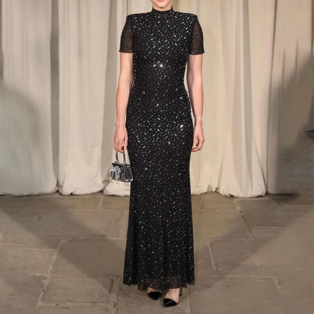 High Neck Glitter Sequin Short Sleeve Formal Dress