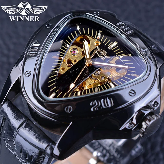 

Winner Steampunk Fashion Triangle Golden Skeleton Movement Mysterious Men Automatic Mechanical Wrist Watches Top Brand Luxury