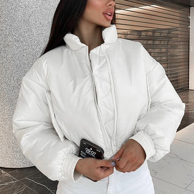 

Fashion cotton cropped short zip up women puffer warm winter coat, White, black