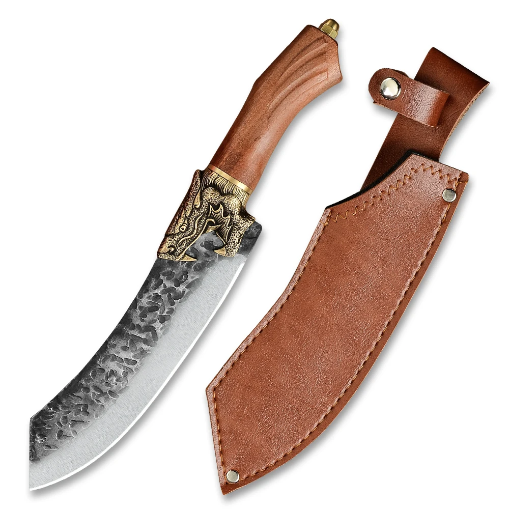 

Solid Rosewood Beautiful Design Luxury Kitchen Knives 7cr17 Traditional Forged Fixed Blade Hunting Knife With Leather Sheath