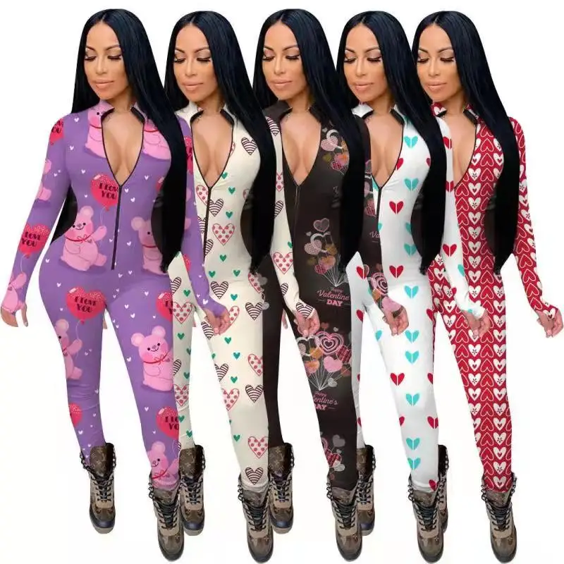 

2022 Valentine's Day Ladies Long Sleeve Lounge Set Onesie Nightwear Pajamas Pyjamas Women's Sleepwear