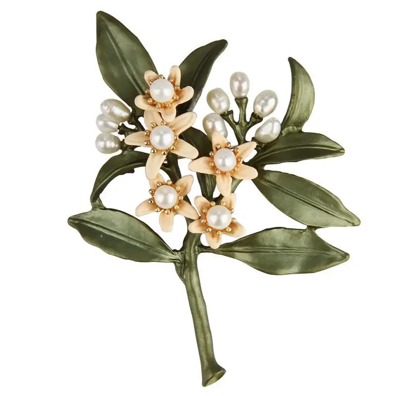 

New Korean Freshwater Pearl Brooch wholesale orange blossom green leaves drop oil paint Brooch, Picture shows