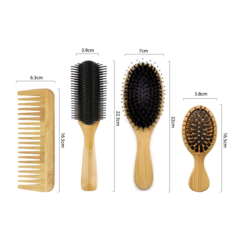 

Four different types of combs in one bamboo hairbrush set contain bamboo hairbrushes wood combs, Natural color