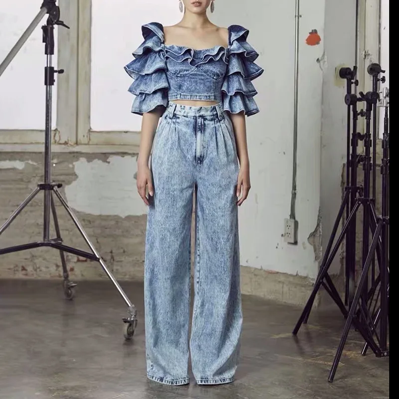 

A3948 Fashion New 2020 Bodycon Jeans top and pants 2 pieces set ruffle square collar crop top for women