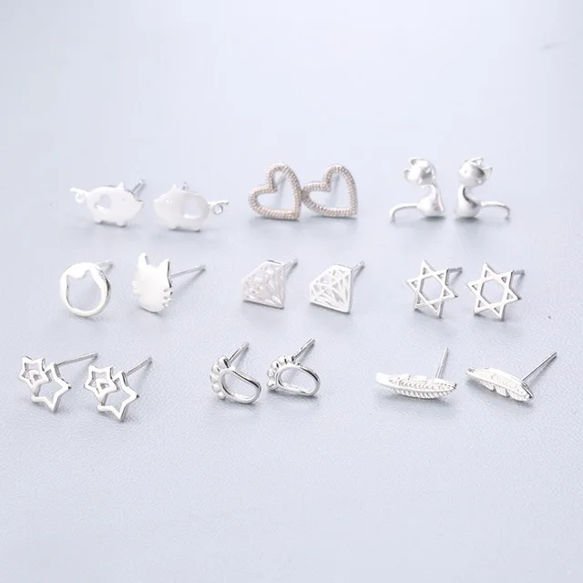 

925 Sterling Silver Ear Pin Star Heart Triangle Cross Leaves Cat Dog Pig Diamond Tower Pumpkin Christmas Tree Fish Stud Earrings