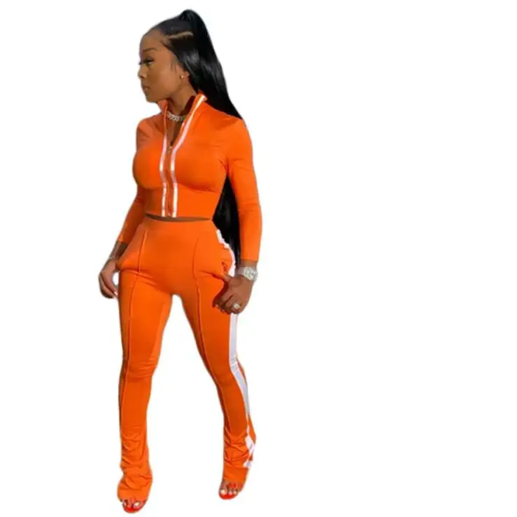 

New arrivals 2021 Solid color sport fashion splicing long sleeve stacked pants two piece women's suits, Picture shows