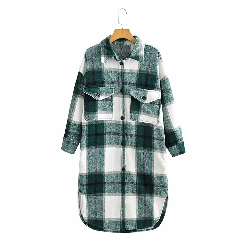 

Casual style turn down collar multi plaid color women's trench side split autumn long shirt jacket coat