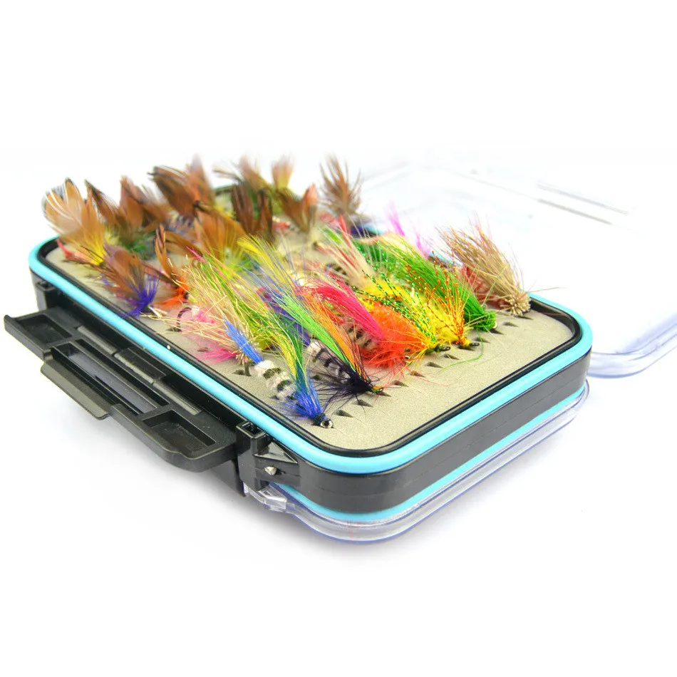 

Mydays Outdoor Hot Sale 64pcs/box Combination Carbon Steel Feather Fishing Flies Set With Waterproof Fly Box