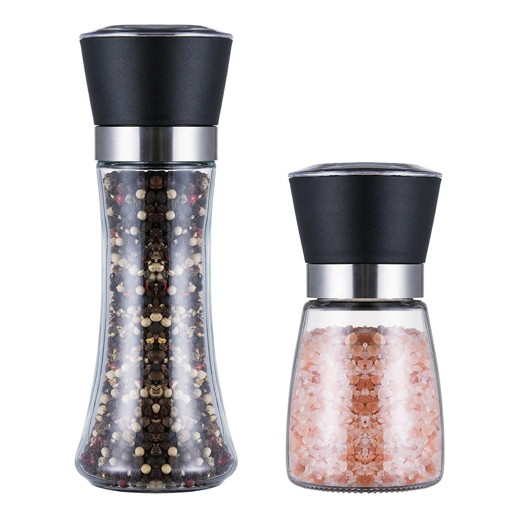

Factory price glass Seasoning bottle jar Manual spice Shakers Mills Himalayan Salt and Black Pepper Grinder set