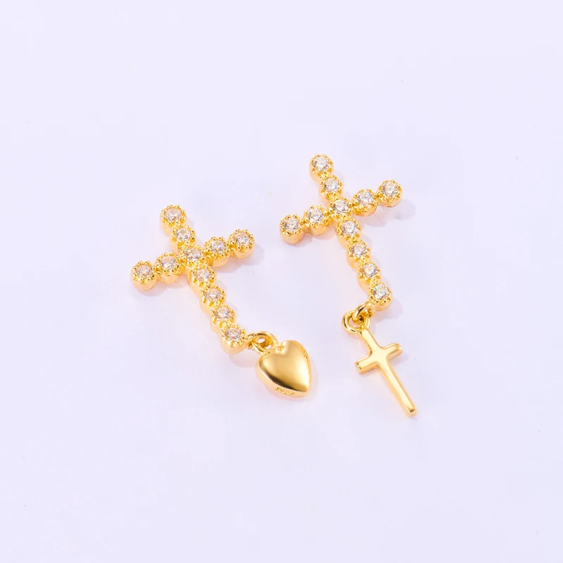 

Hot Sell 925 Sterling Silver Jewelry Unmatched Cross Dangle Earrings Stud Earrings for Women Fashion, Gold with clear