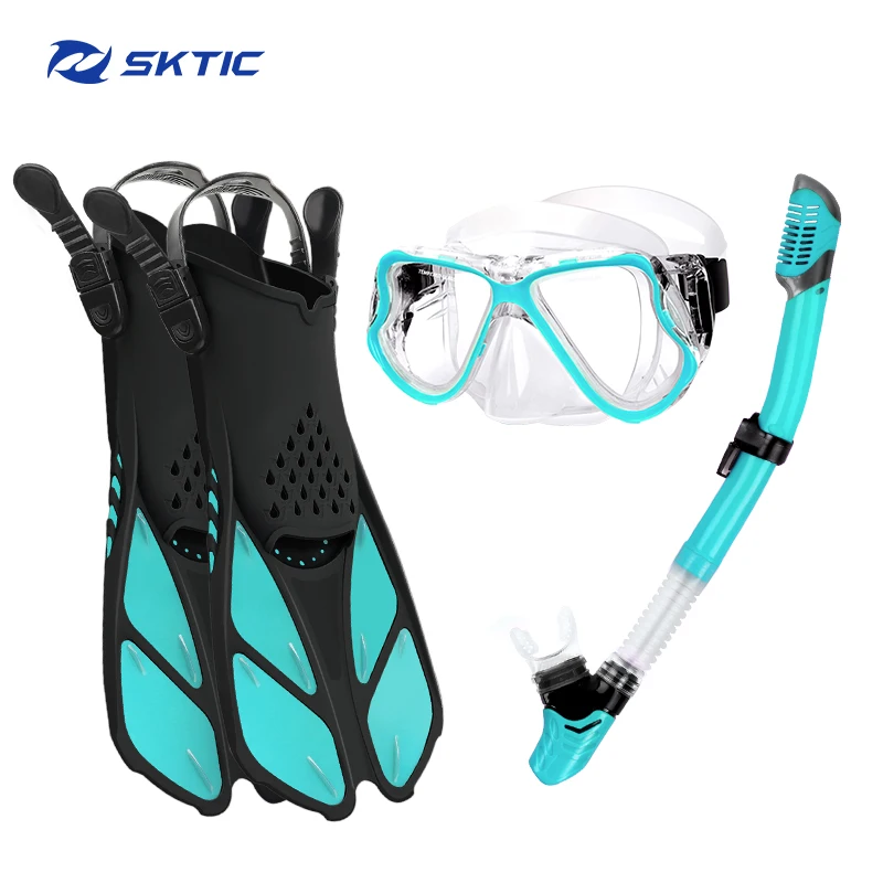 

SKTIC China silicone mask dry snorkel rubber fins scuba diving gear equipment mask snorkel fins snorkeling set, Transparent green