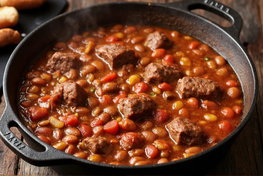 Cast iron pot with simmering chili containing beef stew meat cubes, beans, and vegetables