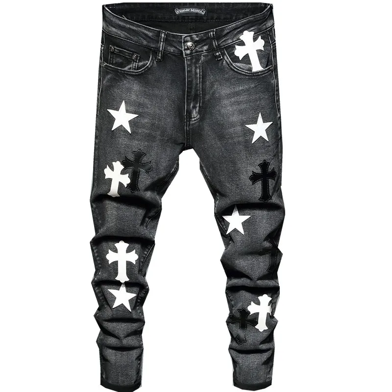 

PUNK DA FUNK BLACK JEANS,Men Cross and Star Embroidery Ripped Jeans,Multicolored Embroidered Casual Men's Jeans pants, Bule