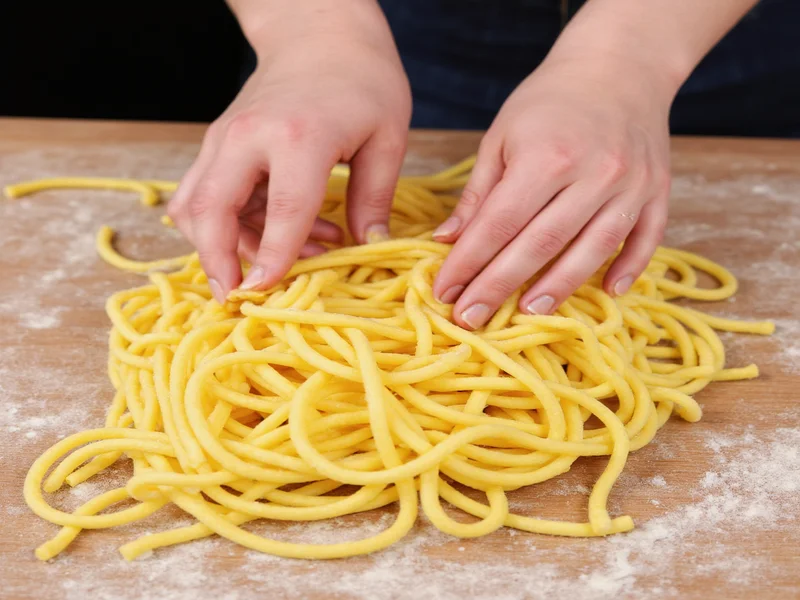 Hands kneading smooth yellow pasta dough on floured wooden surface