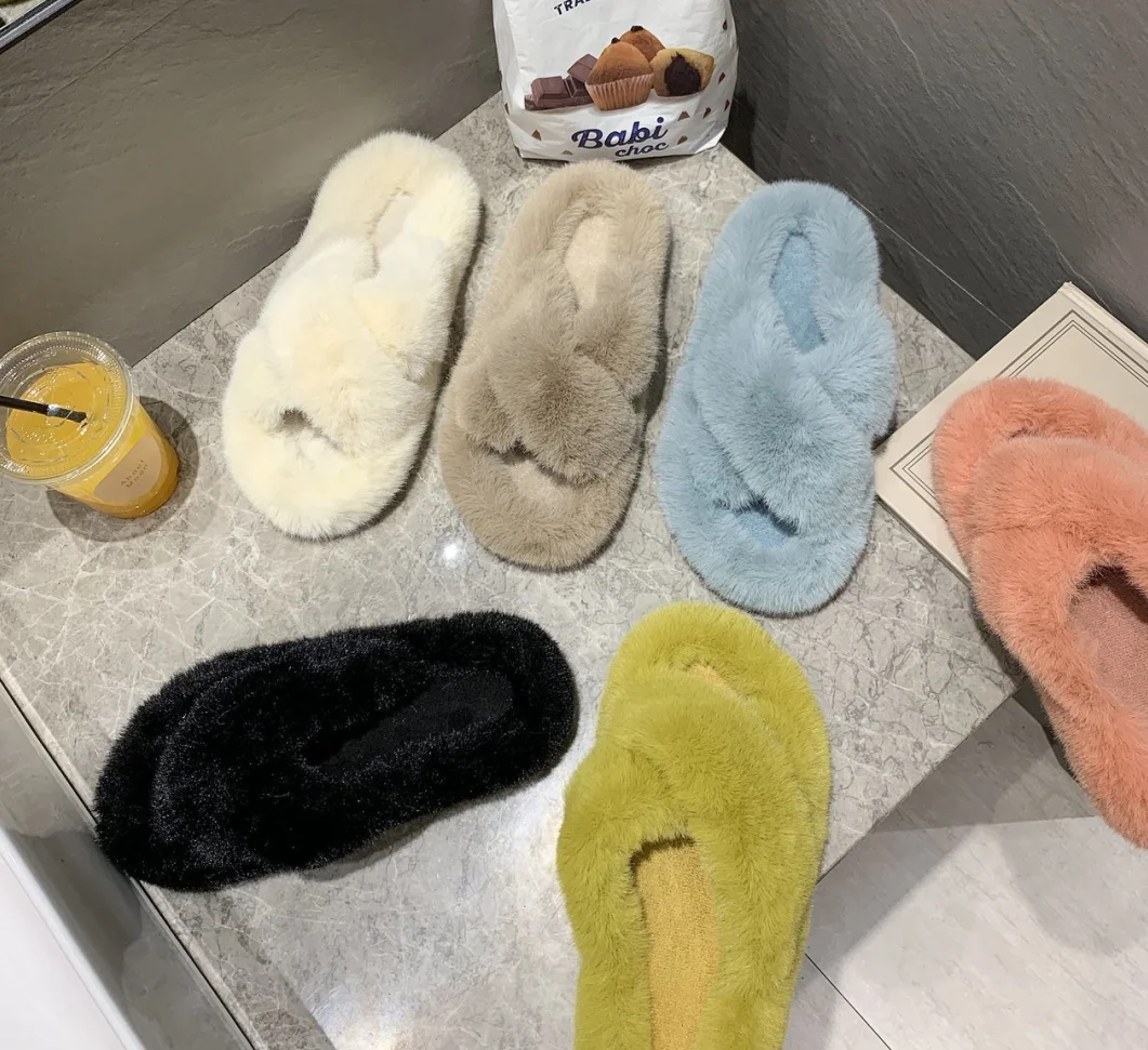

Fall New Ladies Home Farnishing Plush Women Cross Slippers, Blue,green,black,nude,creamy-white