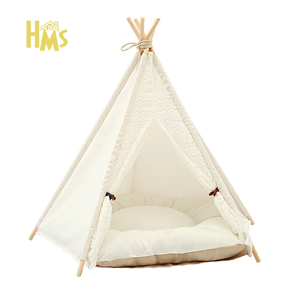 

HMS Windproof Pet House Luxury Fashion Lace Dog Cat Bed Cotton White Indian Pet Play tepee Teepee Tent for pets With Pine, Picture