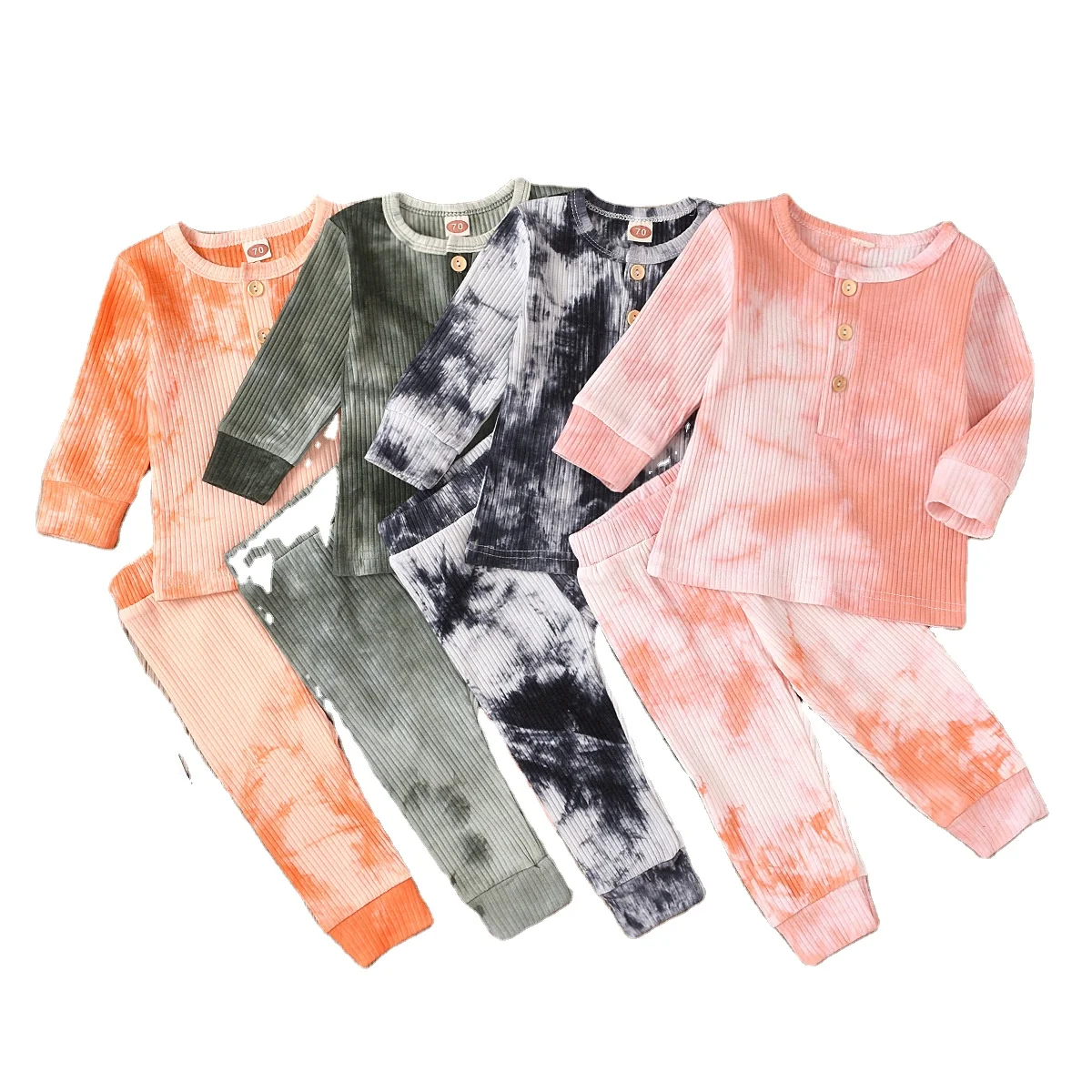 

Free Shipping Kids Tie-dye Ribbed Sets with Button Toddler Baby Knitted Outfits Boys and Girls Autumn Long Sleeve Clothes, 4 colors to choose