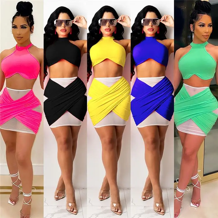 

LXE Hot Sale 2021 Women Clothing Summer skirt and top set Halter Solid Color Sexy Mesh Splice Women Two piece Skirt set