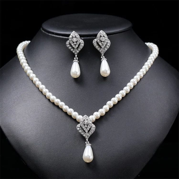 

Wholesale New Rhinestone Gemstone Luxury Beaded Pearl Flower Bride Weeding Fashion Jewelry Jewelry Sets