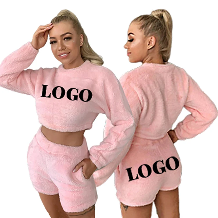 

Cozy Warm Fluffy Solid Color Crop Top Shorts Lounge Wear Set cute outfit Loungewear two piece sets Fleece Women Pajamas, As pic