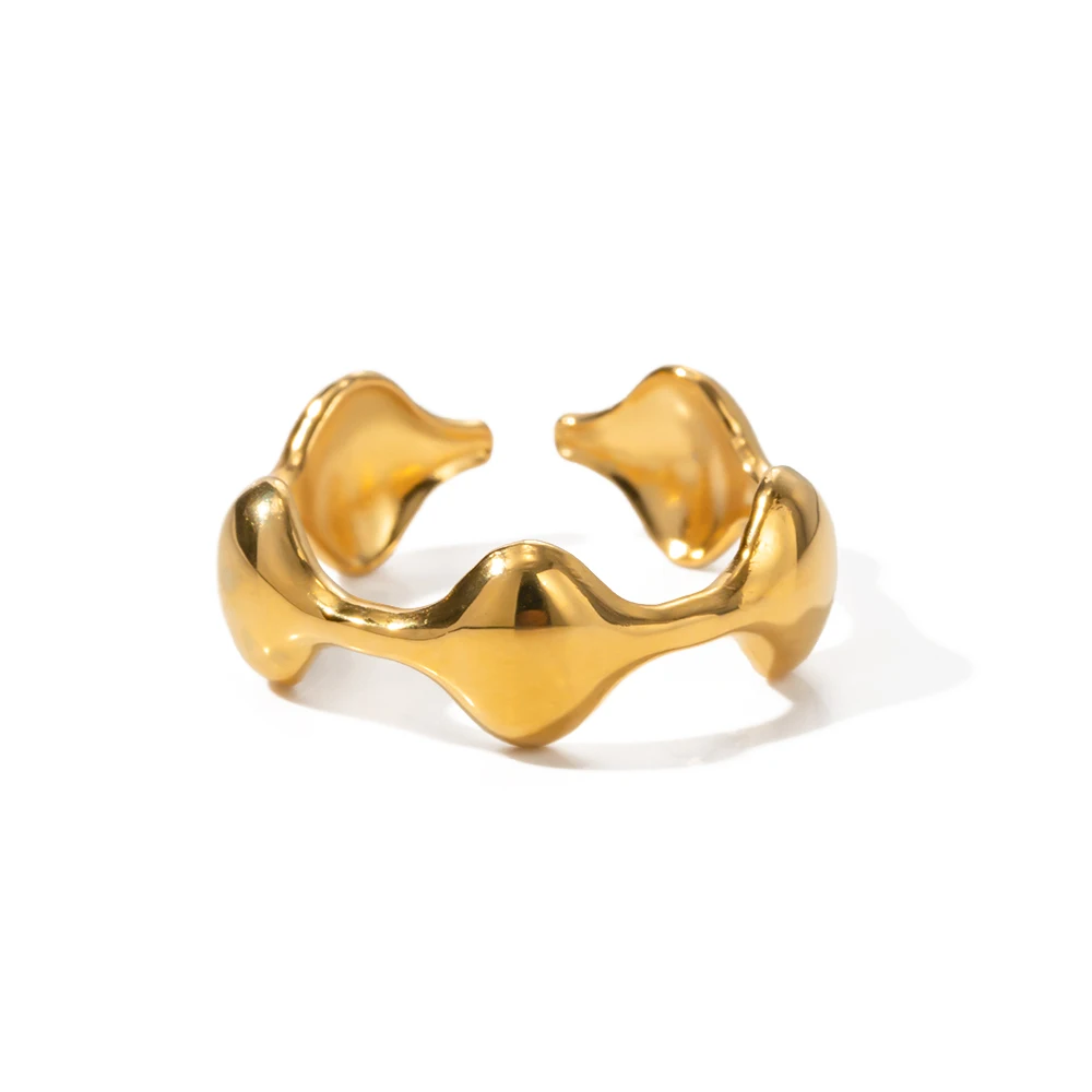 

INS Popular Minimalist Irregular 18K Gold Plated Smooth Female Open Ring Stainless Steel Wavy Ring for Girls