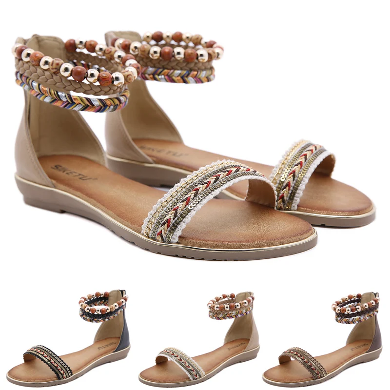 

Women Bohemian Rhinestone Sandal Fashion Rome Soft Sole Open Toe Flat Comfy Lady Summer Beach Sandals Shoes Plus Size