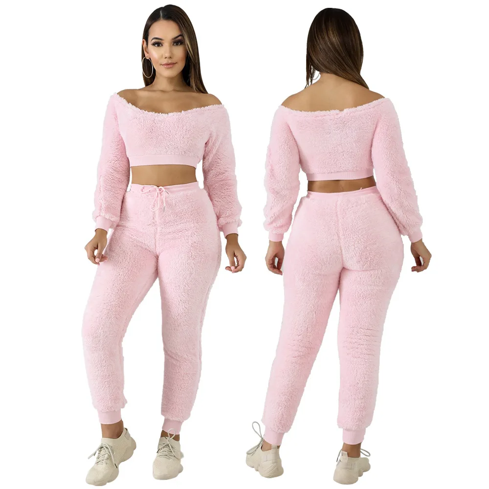 

OR-8760 fashion one-Shoulder long sleeve crop top knit two piece set fuzzy winter sets womens clothing two piece pants set, Pink