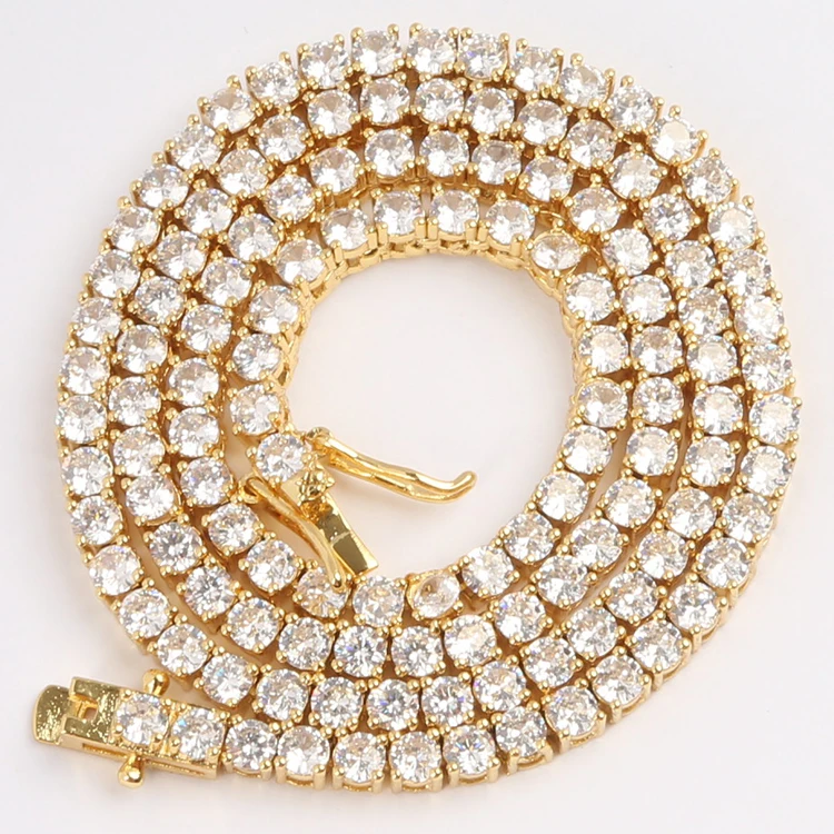 

XuQian 5 mm Cuban Link Chain Bling Custom Zircon Single Buckle Hip Hop Christmas diamond necklace, Gold plated/silver plated