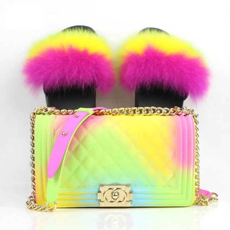 

fur slides with purse set Women Fur Slippers Fluffy Fox Fur Sandals Jelly Handbag Set Furry slippers, As pics