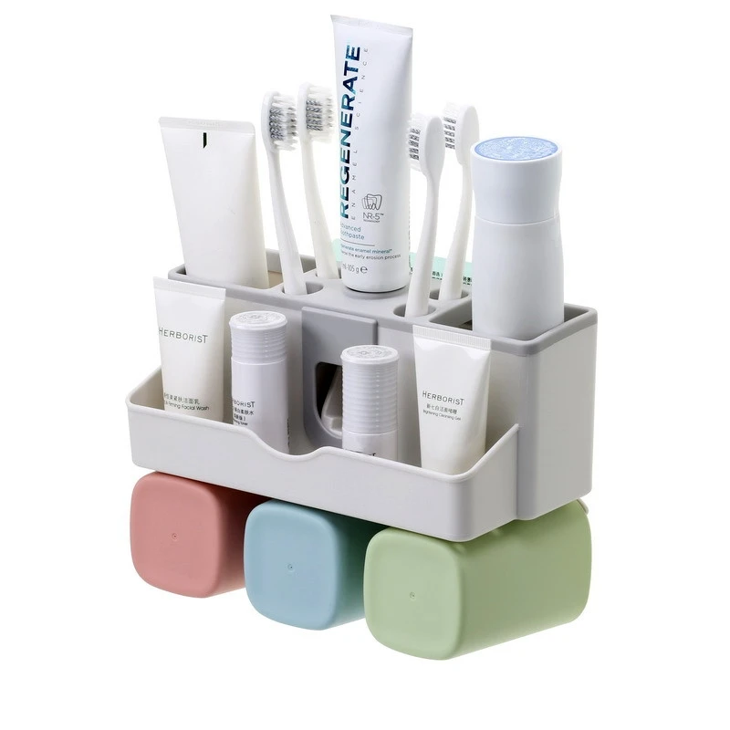 

Family Multifunctional Wall-Mounted Space-Saving Toothbrush and Toothpaste Squeezer Kit with 3 cups