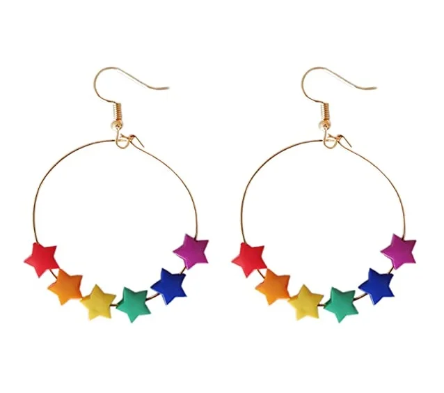 

Cute Fashion Dangle Hoop Earrings Colorful Rainbow Star Dangle Earrings for Women and Girls, Picture shows