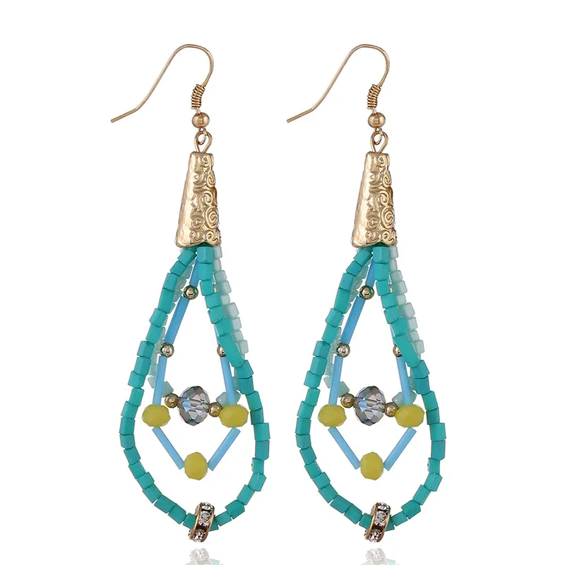 

Vintage Gold Plated Water drop Shape Resin Seed Long Tassel Earring Crystal Rhinestone Three Layers Bohemian long Hook Earrings