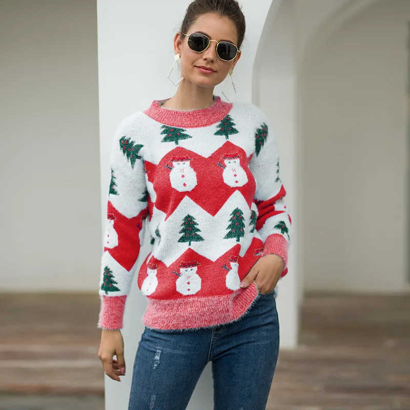 

2021 Autumn And Winter Pullover Knitwear Cute Print Snowman Christmas Trees Ugly High Quality Sweater for Women, Khaki/blue/pink