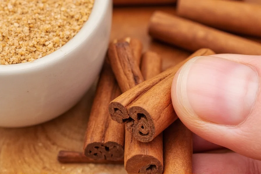Side-by-side comparison of Ceylon cinnamon sticks (thin, multiple layers) versus Cassia cinnamon sticks (thick, single layer)